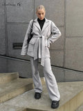 Tweed Winter Office Pants Suits Of 2-Piece Women Long Sleeve Sashes Jackets And Baggy Pants Outfit Business Set