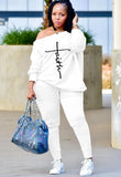 Print Slash Shoulder Shirt and Pants Casual 2 Piece
