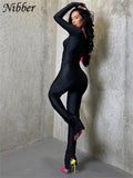 Sexy Skinny Solid Two Piece Set Women Fashion Cross V-neck Long Sleeve Tops+ High Waist Floor Length Trousers Street Suit-Outfit