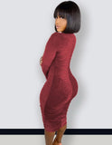 Casual Velvet Ruched V Neck Long Sleeve Bodycon