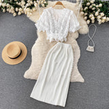 Ruffled Elegant Chic Women Set Summer 2022 V Neck Fashion Tops+ Knitted Elastic Waist Skirt Solid Two Piece