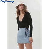 fall women sexy lace trims knit top long sleeve cross v neck casual black lace up cropped