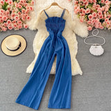 Summer Women Denim Romper Sexy Strapless Draped High Waist Jumpsuits Female Black/Blue Wide Leg Spaghetti Strap Rompers