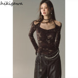 Ropa Mujer Sexy Woman Tshirts Slash Neck Long Sleeve Print Tees Crop Tops Bandage Folds Gauze Y2k T-shirt Korean T Shirt-Outfit