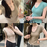 Solid Color U-Collar Short-Sleeved T-Shirt Women's New Springy Slim, Simple And Easy To Wear In Summer-Outfit