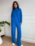 Women Turtleneck Knitted Sweater Set Casual Solid Sweater High Waist Wide Leg Pant Suit 2022 Autumn Fashion Lady Knitwear
