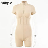 Sexy Women Skinny Short Biker Sport Rompers Short Sleeve Ribbed Jumpsuit 2020 Autumn Playsuit Body Femme Corset