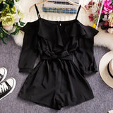 2020 Spring Summer New Chic Women Playsuits Sexy Off Shoulder Elegant Ruffles Solid Jumpersuits Lace Up Bow