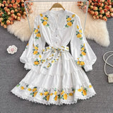 Casual Lace Trims Print Flower Mini Dress Women V Neck Long Puff Sleeve Cascading Ruffles Lace Up Party Vestidos
