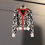 2021 New Leopard Pattern Cardigans Women Vintage V Neck Long Sleeve OL Knitted Cardigan Autumn Korean
