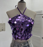 Industry Bling Bling Glide Hanging Neck Sling Vest One-Style Wrapping Tie With Large Bare Back Blouse