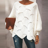 Loose Knitted Sweater Casual Oversized Soft Lantern Sleeve Hollow Out Pullover Fashion O-Neck Solid Female Sweaters