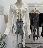 Wasteland Wind Irregularly Drifted With Lotus Leaf Edge Strap With Hole Open Shirt Short Long Sleeves
