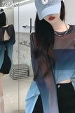 T Shirt Women Sexy Hollow Out Thin Gradient Oversized Tops Fashion See Throught Summer Tshirts Backless Y2k