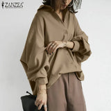 Stylish Women's Lapel Blouses ZANZEA 2022 Puff Sleeve Shirts Casual Button Blusas Female Solid Asymmetrical
