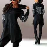 Sweatshirts Casual Hooded Letters Print Irregular Hem Outwear Harajuku Asymmetric Zipper Back Split Female
