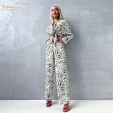 Streetwear Fashion Print 2 Piece Sets Womens Outfits Elegant Stand Collar Long Sleeve Blouses With High Waist Pants