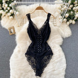 Sexy Lace Strap Rompers Women French Sleeveless V Neck Slim Jumpsuits 2021 Summer New Off Shoulder Short