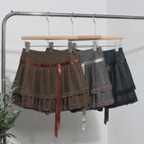 Vintage College Wind Bow Lace 100-Fold Short Skirt High Waist Anti-Walking Pu Skin Skirt