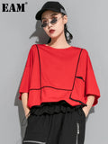 Women Red Pocket Split Joint Big Size T-shirt New Round Neck Three-quarter Sleeve Fashion Tide Spring Summer 2023