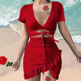 Floral Print Fashion Tie Up Wrap Mini Dress 2021 Summer Holiday Ruffles Sundress Ruched Women's Dress Short
