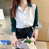 Korean Long Sleeved Chiffon Shirt Women Splicing Color Singel Breasted Women's Blouse Autumn Lapel Top Female Blusas