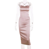 2020 Satin Sleeveless Cross Lace Up Backless Sexy Mid-Calf Dress Women Spaghetti Strap Dresses Club Party Outfits