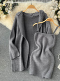 Casual Winter Knitted Two Pieces Suits Loose Midi Long Shawl Warm Coat+Bodycon Camisole Dress 2022 Women Sweater