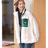 Women Fleece Thick Coat 2022 Winter Long Sleeve Stand Collar Loose Jacket Vintage Print Warm Casual Outwear