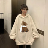 Deeptown Kawaii Hoodie Winter Warm Fashion Hoodies Women Bear Print Long Sleeve Pullover Loose Cute Embroidery Sweatshirt