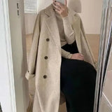 Women Mid Length Wool Coats Splice Korean Jackets Turn Down Collar Full Sleeve Double Breasted Thick Autumn Winter-Outfit