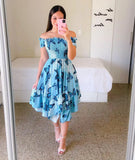Fashion Off Shoulder Flower Dress Elegant Slash Neck Short Sleeve Flower Print Elastic Irregular Dress