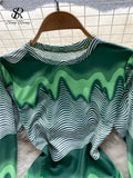 2022 Sexy Women Bodysuits O Neck Long Sleeves Slim Jumpsuit Fashion Vintage Green Striped Print Bodysuits