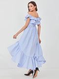 TWOTWINSTYLE Striped Ruffle Trim Irregular Hem Dress For Women Slash Neck Short Sleeve High Waist Blue Dresses Female 2022