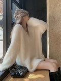 Winter V-Neck Elegant Sweater Women Casual Outwear Faux Fur Knitted Pullover Office Lady Y2k Clothing Korean Fashion