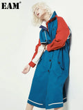 Women Blue Color-block Big Size Long Trench New Lapel Long Sleeve Loose Fit Windbreaker Fashion Spring Autumn 2023