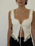 y2k Women Floral Lace Patchwork Vest Top Sleeveless Low-Cut Tie-Up Chest Vintage Summer Camis Irregular Hem Tank 2023-Outfit