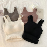 Winter Sexy Women Cashmere Warm Camis With Bra Pad Knitting Thick Tank Tops Sweet Tops For Women Plush