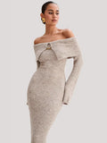Women's Elegant Style Fashion Collared Shoulder Dress Knitted Long