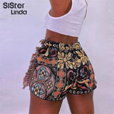 Sisterlinda Retro Print Casual Graphic Shorts Women Fashion Summer Side Tassel Patchwork Skinny Bicker Shorts Streetwear