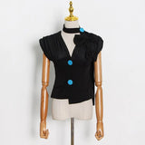 White Patchwork Casual Shirt For Women Halter Puff Short Sleeve Single Breasted Blouses Female Summer Clothing
