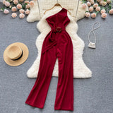 Fashion Sashes Irregular Women Jumpsuits Summer 2022 Solid Temperament Slim Ladies Diagonal Neck Wide Leg