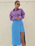 Elegant Patchwork Fashion Skirt 2022 Purple Chic Women High Waist Midi Skirts Slit Office Ladies Asymmetrical