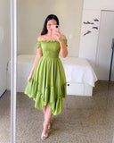 Fashion Off Shoulder Flower Dress Elegant Slash Neck Short Sleeve Flower Print Elastic Irregular Dress