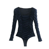 Women Fashion Pleated Tulle Snap-button Bodysuits Vintage Square Collar Long Sleeve Female Playsuits Chic