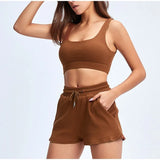 Solid Sportswear 2 Two Piece Sets Women 2021 Crop Top And Drawstring Shorts Matching Suits Summer Athleisure Outfits
