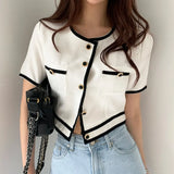 Party Graduation Party Sannian Shirt Women Clothes Korean Retro Round Neck Contrast Color Line Design Shirt Buttons Loose Short Shirt