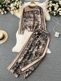 Winter Knitted Print Sets Women O Neck Long Sleeve Knitwear+Wide Leg Long Pants Fashion Retro Sweater Two Pieces
