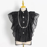 Ruffle Trim Shirt For Women Lapel Sleeveless Solid Straight Loose Button Through Blouse Female Summer Clothing