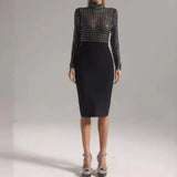 Black Half-High Collar Hot Diamond Small Long Sleeves Long Splicing Bandage Long Bag Of Hip Dress Dress